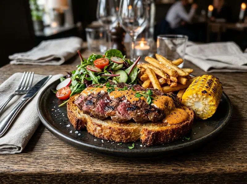 Steaksandwich med pommes – The Father Sportbar & Restaurang, Årjäng